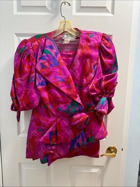Tally Bright Fuchsia Abstract Puff-Sleeve Skirt Set